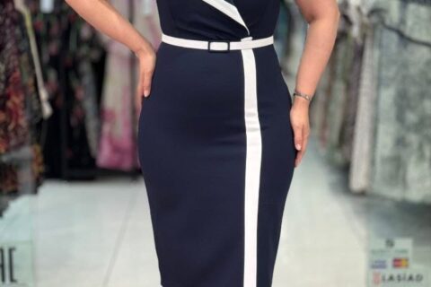Elbise-Navy Blue with cream strip  Aline Dress