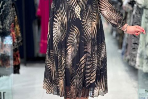 Elbise-Shifon Black with gold pattern long sleeve